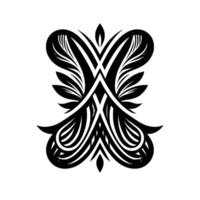 Symmetrical Black and White Decorative Emblem, Features Leaflike Elements, Intricate Line Work, and a Shadow, Suitable for Logos. vector