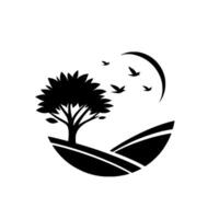 A stylized black and white minimalist landscape with a tree, birds, a curved moon, and rolling hills within a circular , conveying serenity. vector