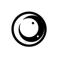 A stylized, black and white circular featuring a crescent moon shape intersecting with a smaller circle, dotted by three contrasting white specks. vector