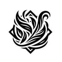 Intricate Black and White Floral with Geometric Framework A stylized illustration depicting an elegant arrangement of flowing leaves, feathers and curves within a diamondshaped border. vector
