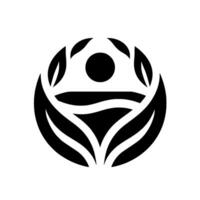 Symbolic black and white featuring a circular composition with leaves, a sun, and a stylized landscape, evoking nature and harmony. vector