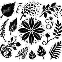 A monochromatic botanical arrangement showcasing diverse leaf and floral silhouettes, meticulously arranged on a white background. vector