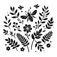 Monochromatic Floral and Bee Silhouette A stylized composition of black botanical elements, including leaves, flowers, and bees, creating a harmonious and organic pattern on a white backgroun vector