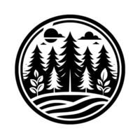 Monochrome circular emblem depicts a serene landscape with silhouetted trees, rolling hills, clouds, and a stylized sun, evoking a sense of nature and tranquility. vector