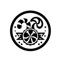 Intricate Black and White Composition Featuring a Central Floral Motif, Ribbon, and Candy Cane Elements Enclosed Within a Circular Frame. vector