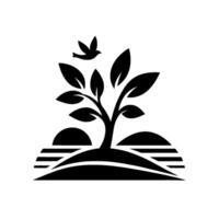 Silhouette of a thriving tree, soaring bird, and rolling hills depicted in bold black against a clean white backdrop, conveying growth and serenity. vector