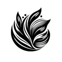Elegant Black and White Botanical Illustration, Featuring Stylized Leaves in a Circular Composition with Minimalist Dots on a White Background. vector