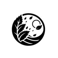 Minimalist black and white circular featuring stylized leaves and a crescent moon, evoking nature and tranquility. vector