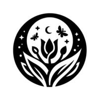 Black and White Celestial Floral Emblem A symmetrical circle composition featuring stylized flowers, crescent moon, butterflies, stars, and decorative cross symbols within a circular frame. vector