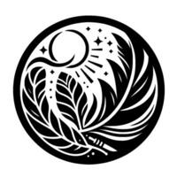 Intricate black and white circular featuring a crescent moon, radiating sun, stylized feathers, and stars, creating a balanced and ethereal composition. vector
