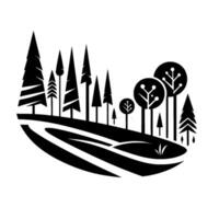 Abstract minimalist monochrome landscape depicting a stylized forest with geometric trees, rolling hills, and clean . vector