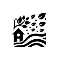 Simplified Black and White Depicting a House, Tree with Leaves, and Flowing Lines, Symbolizing Nature and Home. vector