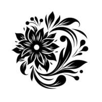 Intricate Black and White Floral Motif with Detailed Petals, Swirls, and Leafy Accents on a Clean White Background, Offering a Timeless Elegant . vector