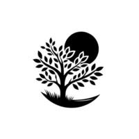 A stylized black and white tree silhouetted against a moon backdrop, grass base, showcasing minimalist nature and clean lines. vector
