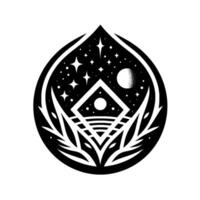 Stylized Celestial Landscape in a Teardrop Shape, Featuring Moon, Stars, Geometric Elements and Plant Motifs in Black White. vector