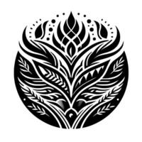A symmetrical, stylized floral enclosed within a circle. The black and white artwork features intricate patterns and organic shapes, suggesting elements of leaves and plant life. vector