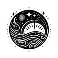 A stylized circular illustration featuring a celestial scene. Waves, a stylized dial, stars, and a planet are all contained within. vector