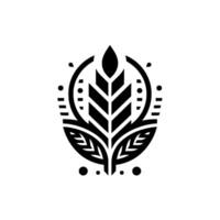 Minimalist Black and White Emblem Stylized Wheat Stalk Inside a Circle, Decorative Leaves, Dot Accents, Clean on White Background. vector