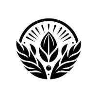 Symmetrical black and white emblem featuring a central stylized leaflike element within a circle, framed by radiating lines and stylized leaves, evoking nature and harmony. vector