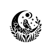 Serene Black and White Illustration A stylized bird perched on a crescent moon, framed by foliage and celestial elements. vector