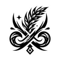 Stylized Black and White Illustration of Wheat Ear and Abstract Ornamental Elements in Symmetrical Arrangement, with Star Accents. vector