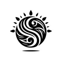 A symmetrical, stylized black and white sunlike emblem with flowing, waveinspired internal and surrounding teardrop shapes, set against a plain white background. vector