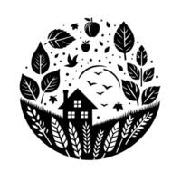 Black and white papercut illustration of a house nestled in nature, surrounded by leaves, apples, wheat, and birds, within a circular frame. vector