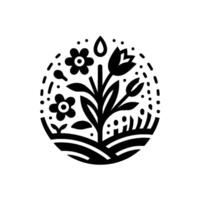 A stylized black and white floral emblem, featuring a blooming tulip and two stylized flowers, contained within a circular frame, with droplets and dots for decorative effect, representing nature and vector