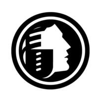 A stylized black and white depicting a human profile within a circular frame, with a section of its head and a cup shape representing thought processes. vector