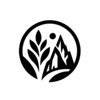 A stylized, circular emblem featuring a mountain range, sun, and a plant element, rendered in bold, black and white, evoking a sense of nature and minimalism. vector