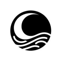 Minimalist Black and White Circle Emblem Featuring Crescent Moon and Oceanic Waves , Symbolizing Harmony. vector
