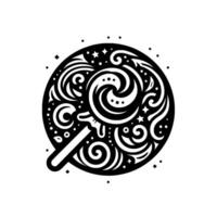 Stylized Black and White Lollipop Circular Composition with Swirls, Stars, and Droplets for Whimsical and Artistic Appeal. vector