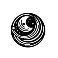 A stylized, black and white celestial illustration featuring a crescent moon, stars, and planetary orbits, all contained within a circular frame, evoking a sense of cosmic wonder. vector