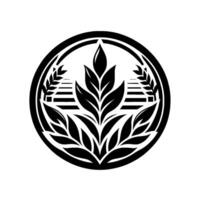 A symmetrical black and white circular emblem featuring stylized leaves and wheat stalks, surrounding horizontal bars, representing growth and balance. vector