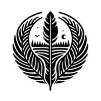 A stylized, symmetrical emblem featuring a central feather with nature elements mountains, bird, crescent moon encased within stylized leaf motifs, all rendered in stark black and white. vector