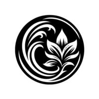 A stylized black and white emblem featuring a floral element within a circular frame, accented by wavelike patterns, evoking nature and elegance. vector