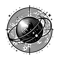 Intricate Black and White Celestial Illustration A Planet with Rings, Stars, and a Circular Target . vector