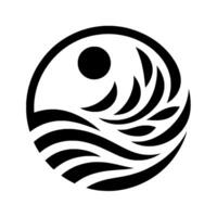Black and White Circular Sun above stylized waves and stylized feathers or leaves, symbolizing peace and balance. vector