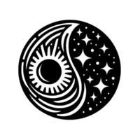 Yin Yang Symbol Black and White Circular with SunMoon and Starry Night Elements Illustrating Balance. vector