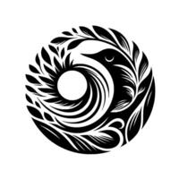 A stylized, black and white circular featuring a bird integrated with floral and abstract swirl elements, conveying elegance and nature. vector