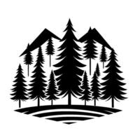 Silhouette of a pine forest and mountain range in grayscale against a white background, evoking a sense of peace and natures tranquility. vector