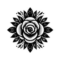 Intricate black and white botanical illustration of a rose blossom, centered and surrounded by stylized leaves and floral accents, on a white background. vector