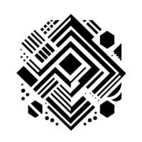 Abstract Geometric Composition A symmetrical in black and white, showcasing layered shapes like squares, lines, dots and hexagons, evoking a sense of order and balance. vector