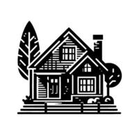 Monochromatic Illustration of a Cozy House Amidst Trees and a Fence, Emphasizing Simplistic Geometric Shapes. vector