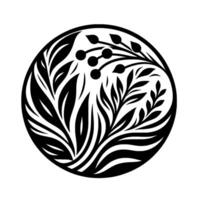 Intricate Black and White Circular Botanical A Stylized Composition Featuring Leaves, Berries, and Decorative Flourishes within a Seamless Round Frame. vector