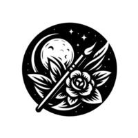 Celestial Botanical Emblem A stylized monochrome illustration featuring a full moon, stars, a rose, leaves, and a paintbrush arranged within a circle. vector