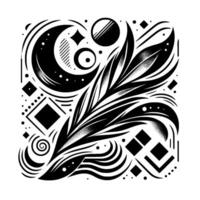 Intricate Black and White Geometric Illustration Featuring a Crescent Moon, Feather, Celestial Elements, and Decorative Lines within a Square Composition. vector