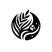 Stylized Black and White Emblem with Crescent Moon, Plant Motif, Cube, and Stars, Representing Growth and Cosmic Harmony. vector
