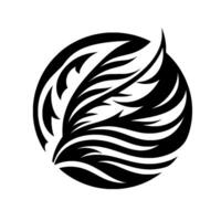 An abstract, symmetrical of a stylized feather motif within a black circular frame, rendered in highcontrast, minimalist style. vector