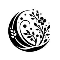 Elegant, symmetrical, monochrome of floral elements and abstract forms, gracefully arranged within a circular frame. vector